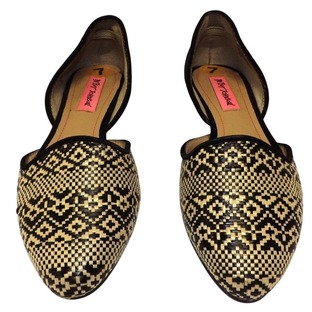 Betsey Johnson Size 7 Flats Cocoh d'Orsay Black And Cream Woven Raffia Boho